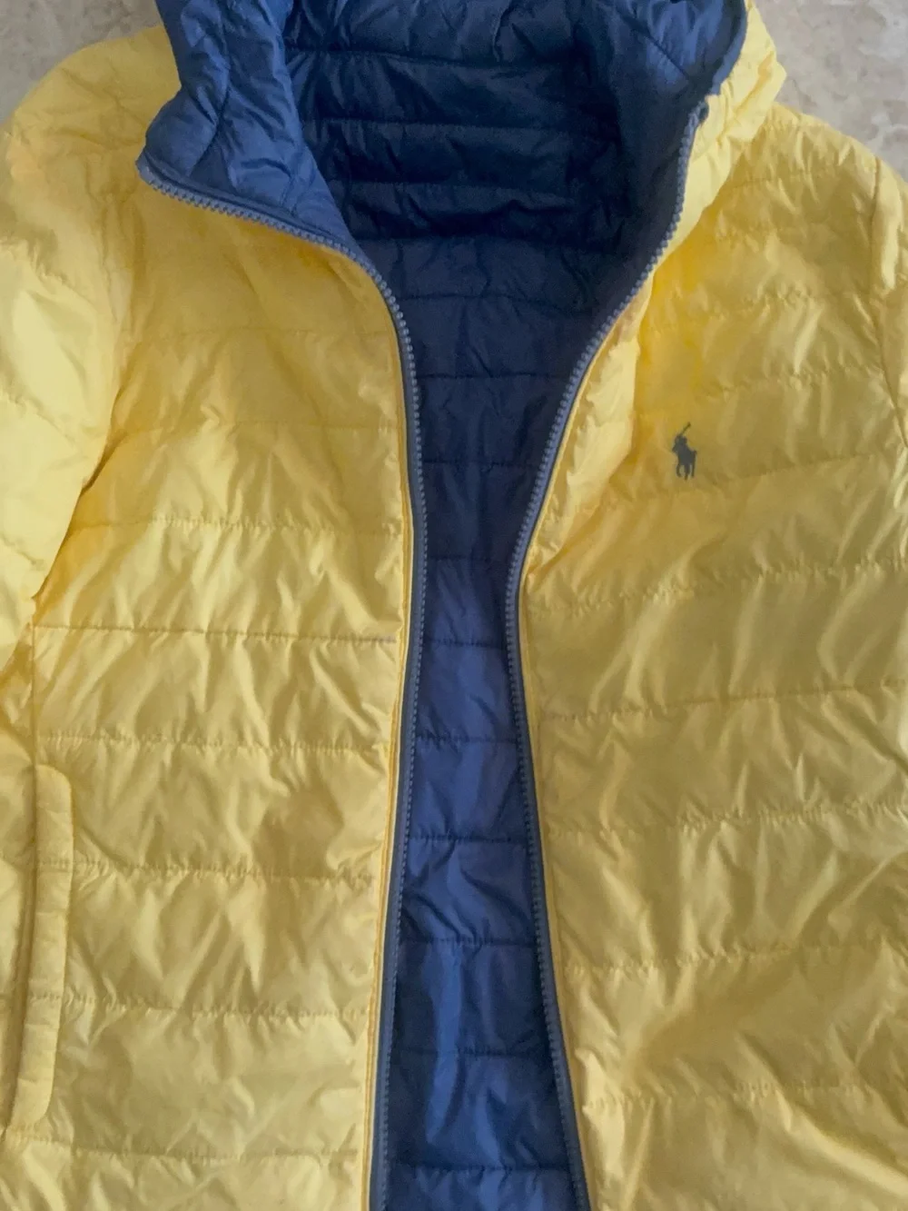 Ralph Lauren Kids Yellow Puffer Jacket with Navy Hood Lining